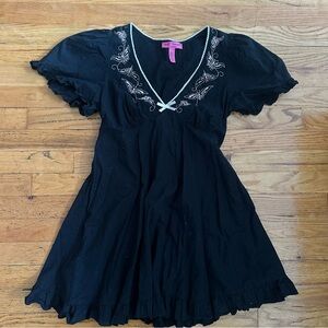 Vintage betsey Johnson mini black baby doll dress with butterfly embroidery